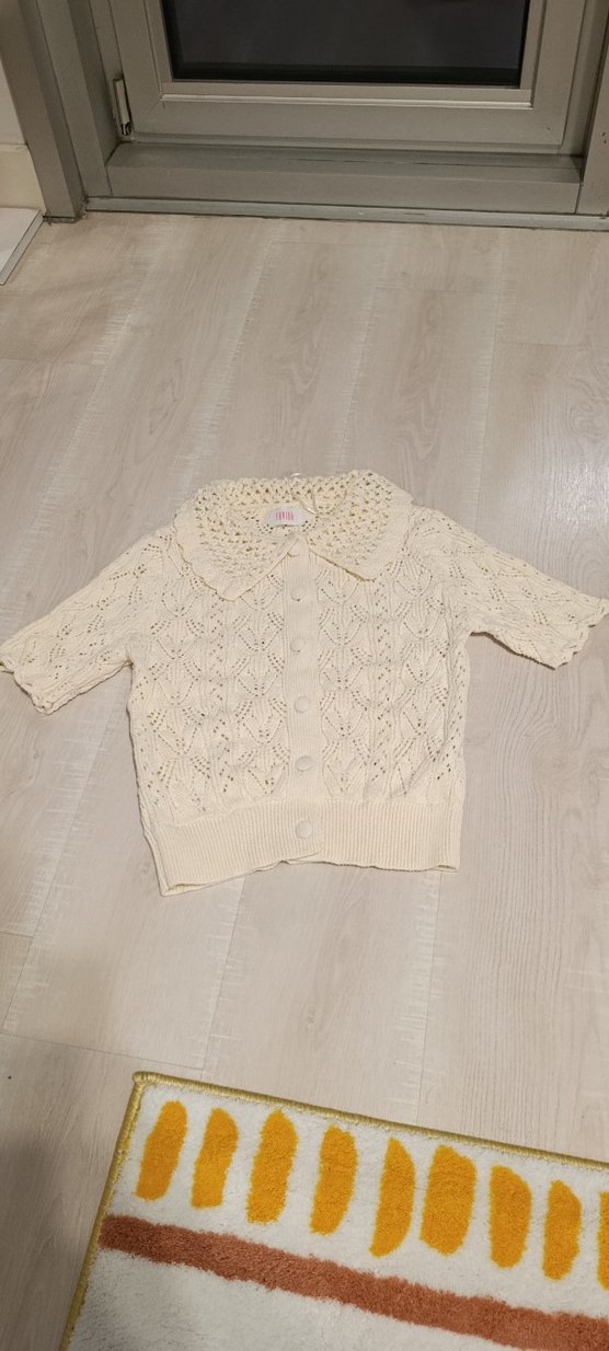 S M beden Beyaz Örgü Kısa Kollu Hırka - Görsel 2