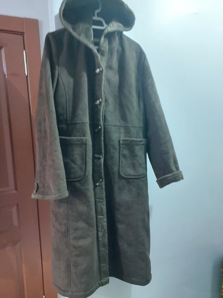 Gri Süet Uzun Kadın Kaban Kürklü - Görsel 3