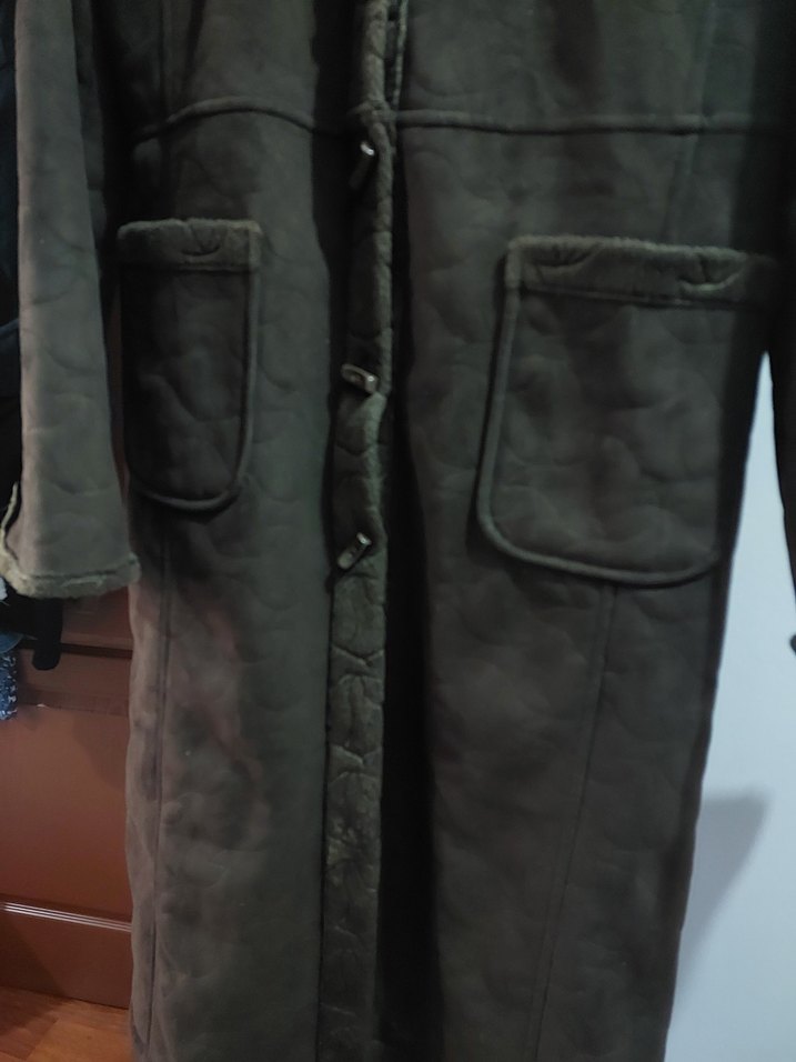 Gri Süet Uzun Kadın Kaban Kürklü - Görsel 4