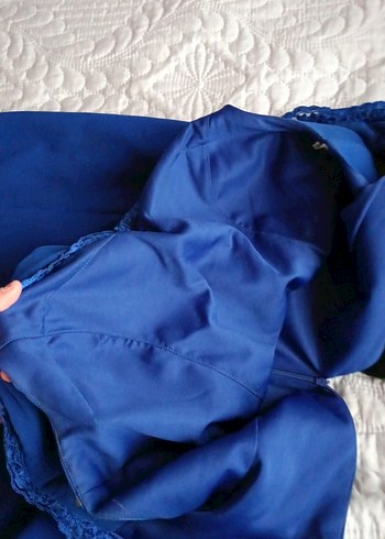 Mavi V Yaka Uzun Drapeli Kadın Abiye Elbise - Görsel 3