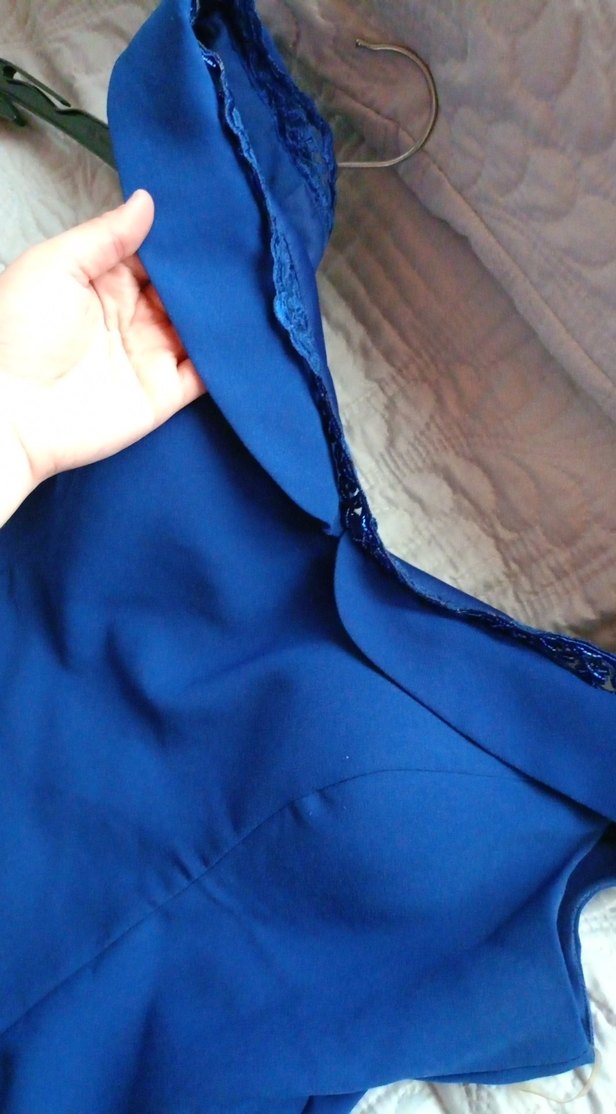 Mavi V Yaka Uzun Drapeli Kadın Abiye Elbise - Görsel 2