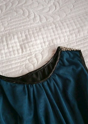 koyu şu yeşili Kolsuz dizlerde Keten Elbise - Görsel 2