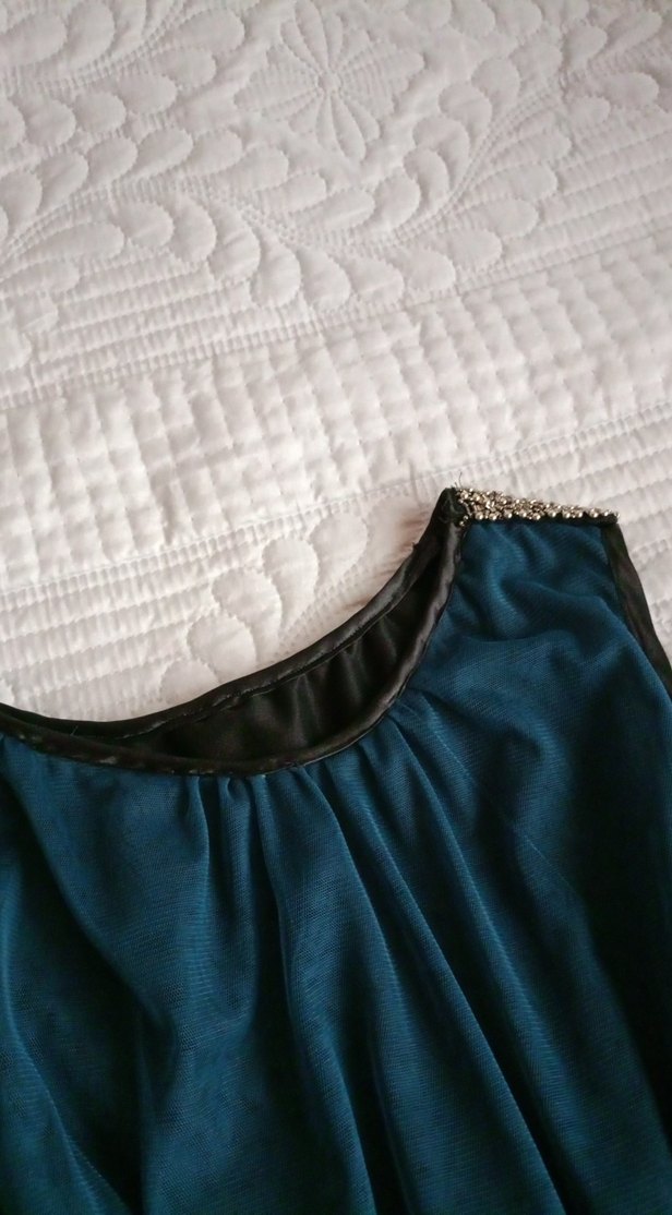 koyu şu yeşili Kolsuz dizlerde Keten Elbise - Görsel 2