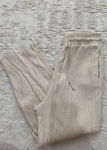 Bej Kadın Keten Piliseli Rahat Pantolon