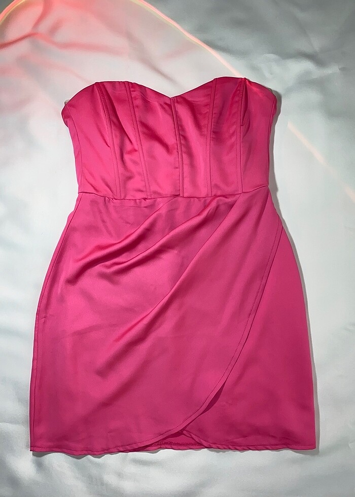 Kadın Straplez Kalp Yaka Korse Detaylı Pembe Mini Elbise - Görsel 2