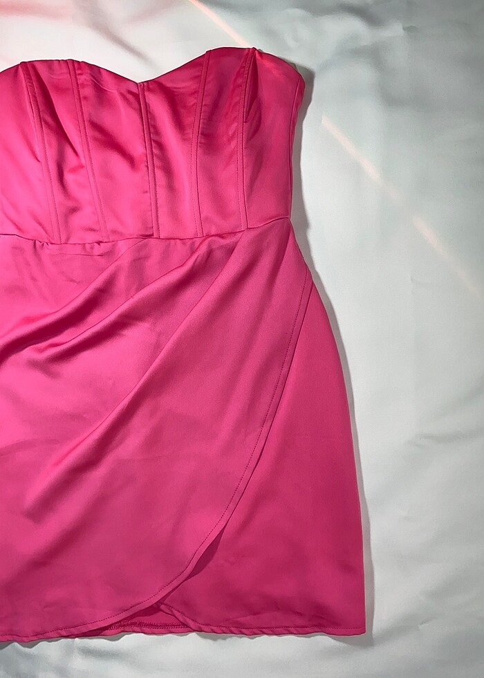 Kadın Straplez Kalp Yaka Korse Detaylı Pembe Mini Elbise - Görsel 3