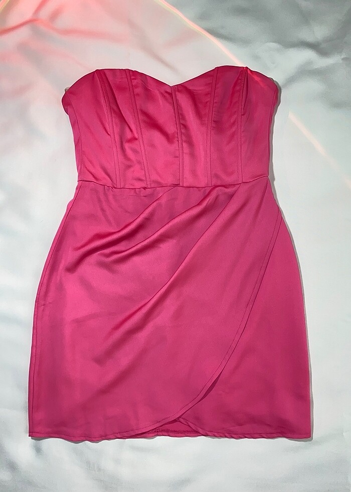 Kadın Straplez Kalp Yaka Korse Detaylı Pembe Mini Elbise - Görsel 5