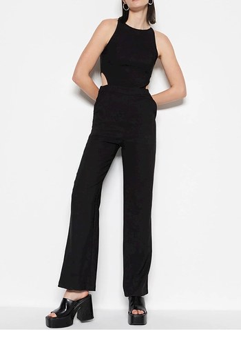 Siyah Yüksek Yakalı Kolsuz Kadın Tulum - Görsel 13