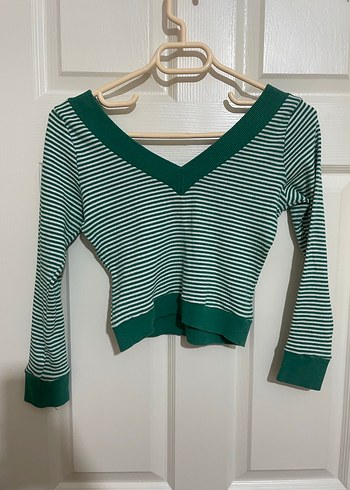 Çizgili V Yaka Yeşil Kadın Kazak - Görsel 3