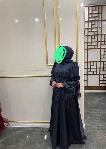 Abiye lacivert Yüksek Yaka Uzun Kollu Abiye Elbise