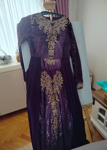 Mor Uzun Kollu Desenli Kadın Kına Elbisesi