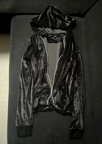 Siyah Kadife Kapüşonlu Fermuarlı Gotik Ceket