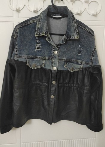 Düğmeli Kadın Denim ve Deri Ceket - Görsel 4