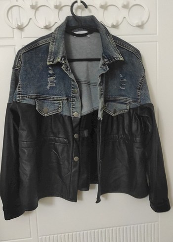 Düğmeli Kadın Denim ve Deri Ceket - Görsel 3