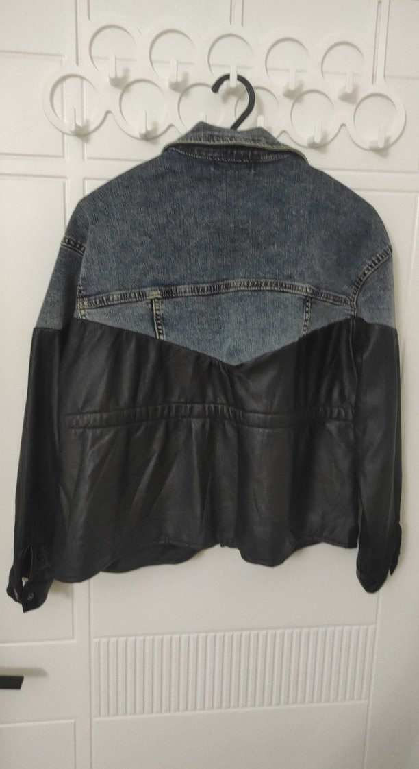 Düğmeli Kadın Denim ve Deri Ceket - Görsel 5