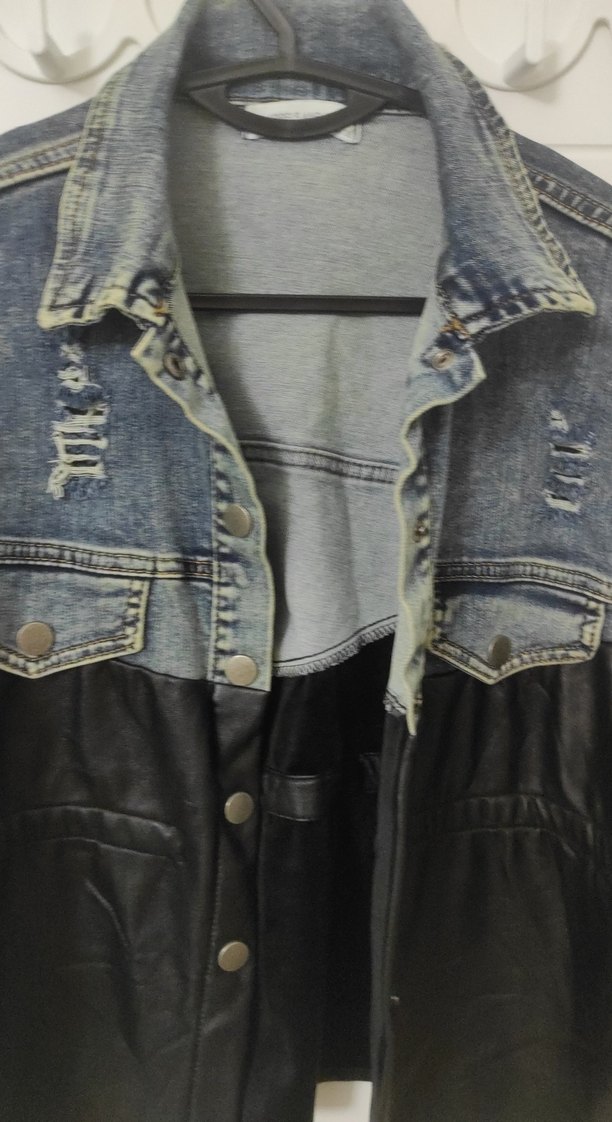 Düğmeli Kadın Denim ve Deri Ceket - Görsel 2