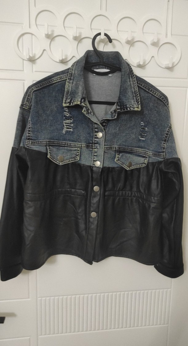 Düğmeli Kadın Denim ve Deri Ceket - Görsel 4