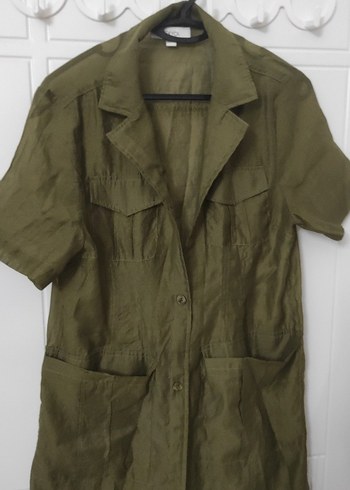 Kadın Haki Kısa Kollu Uzun Keten transparan elbise - Görsel 2