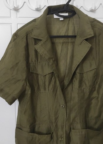 Kadın Haki Kısa Kollu Uzun Keten transparan elbise - Görsel 3