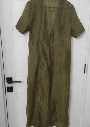 Kadın Haki Kısa Kollu Uzun Keten transparan elbise - Görsel 5