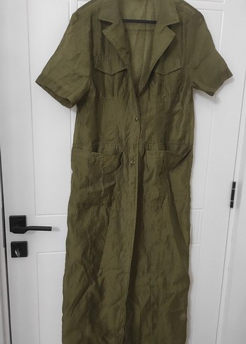 Kadın Haki Kısa Kollu Uzun Keten transparan elbise - Görsel 4