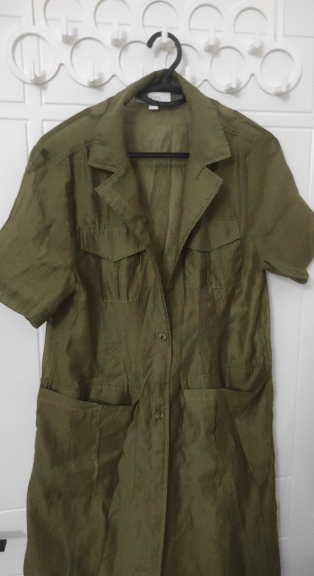 Kadın Haki Kısa Kollu Uzun Keten transparan elbise - Görsel 2