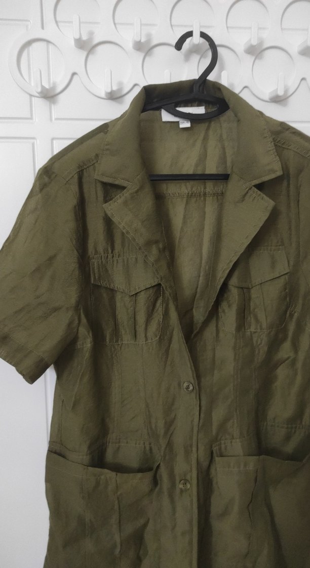 Kadın Haki Kısa Kollu Uzun Keten transparan elbise - Görsel 3