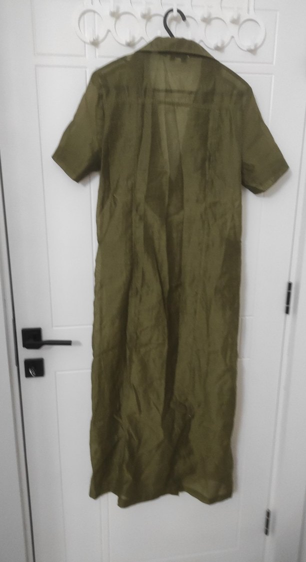 Kadın Haki Kısa Kollu Uzun Keten transparan elbise - Görsel 5