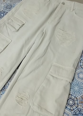 Diğer Krem Bol Kesim Midi Kot Pantolon