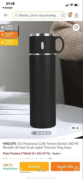 Beden Paslanmaz Çelik termos 580 ml bardaklı