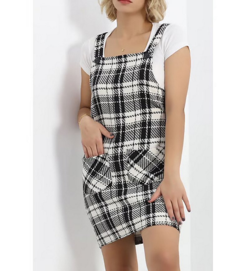 Kadın Siyah Kareli Triko Midi Elbise - Görsel 2