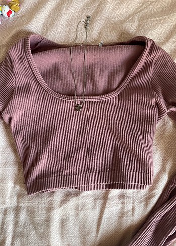 Pembe Triko Uzun Kollu Crop Top