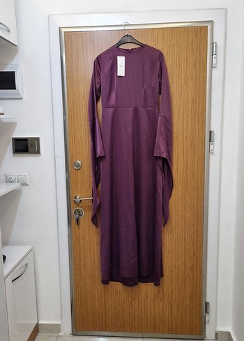 Mor Uzun Kollu Drapeli Kadın Elbise - Görsel 2