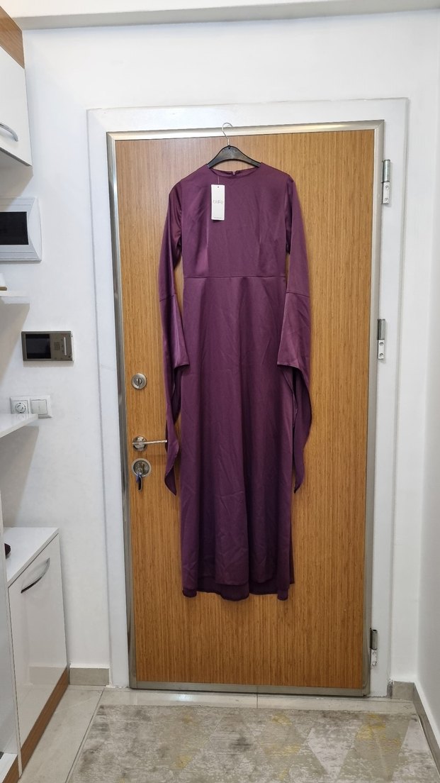 Mor Uzun Kollu Drapeli Kadın Elbise - Görsel 2