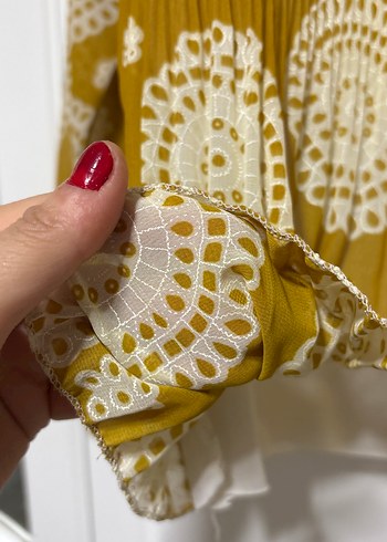 Uzun Kollu Sarı Pileli Bohem Bluz - Görsel 7