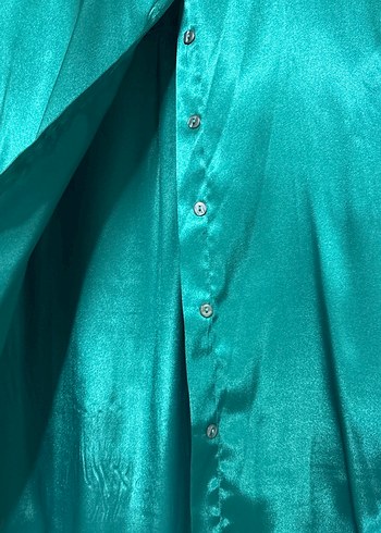 Turkuaz Parlak Saten Kadın Gömlek - Görsel 5