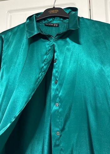 Turkuaz Parlak Saten Kadın Gömlek - Görsel 7