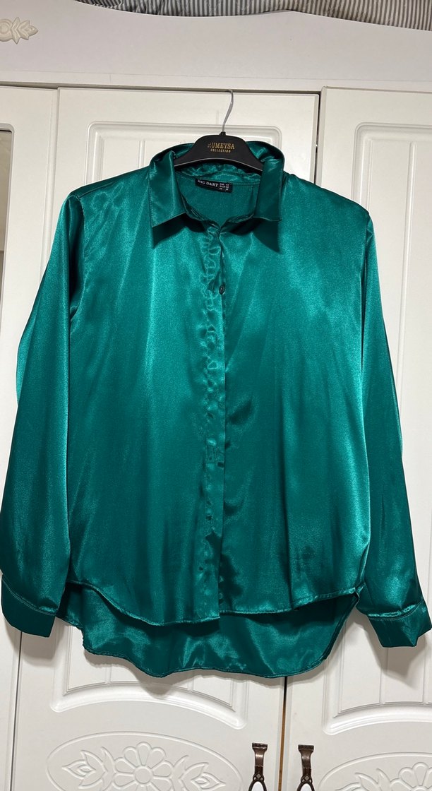 Turkuaz Parlak Saten Kadın Gömlek - Görsel 2
