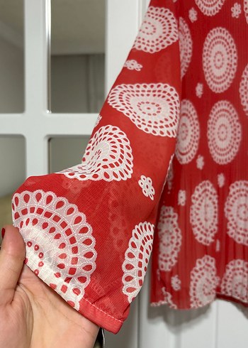 Kırmızı Piliseli Uzun Kollu Bohem Bluz - Görsel 7