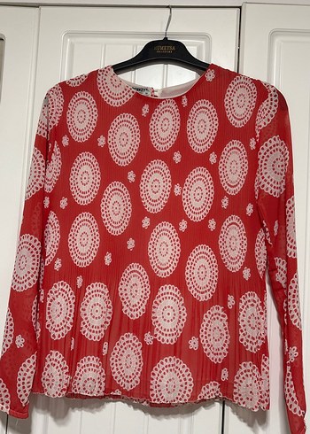 Kırmızı Piliseli Uzun Kollu Bohem Bluz - Görsel 2