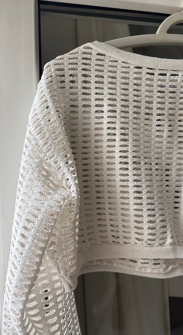 Beyaz Örgü Uzun Kollu Kadın Bluz - Görsel 2
