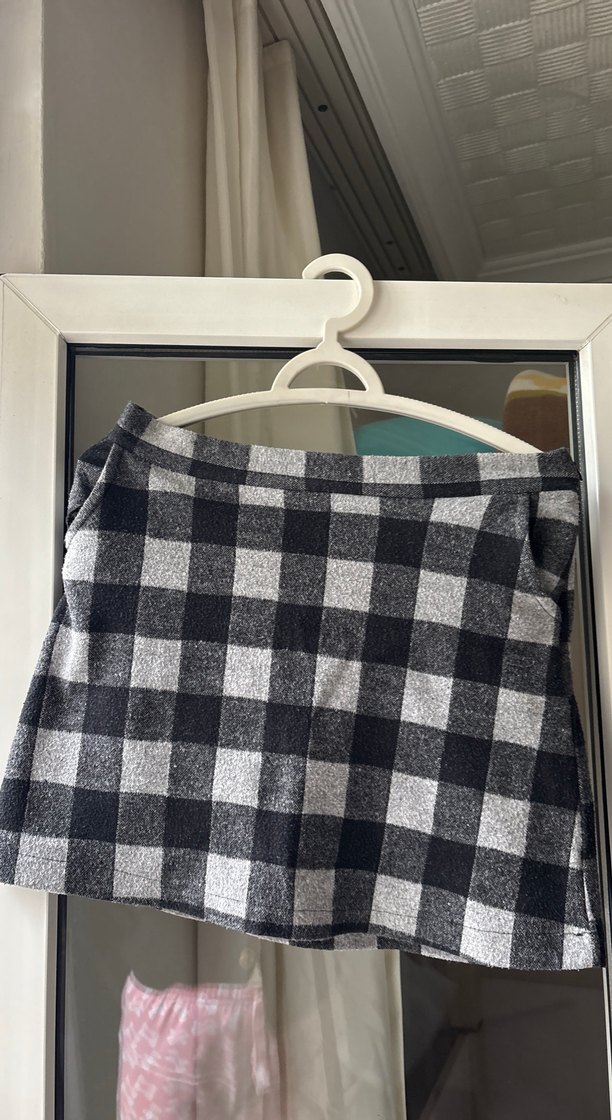 Gri Ekoseli Tokalı Mini Etek - Görsel 3