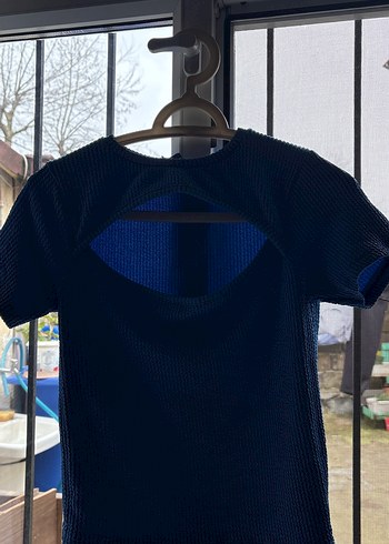 Koyu Mavi Örgü Kısa Kollu Hamile Tişörtü - Görsel 2