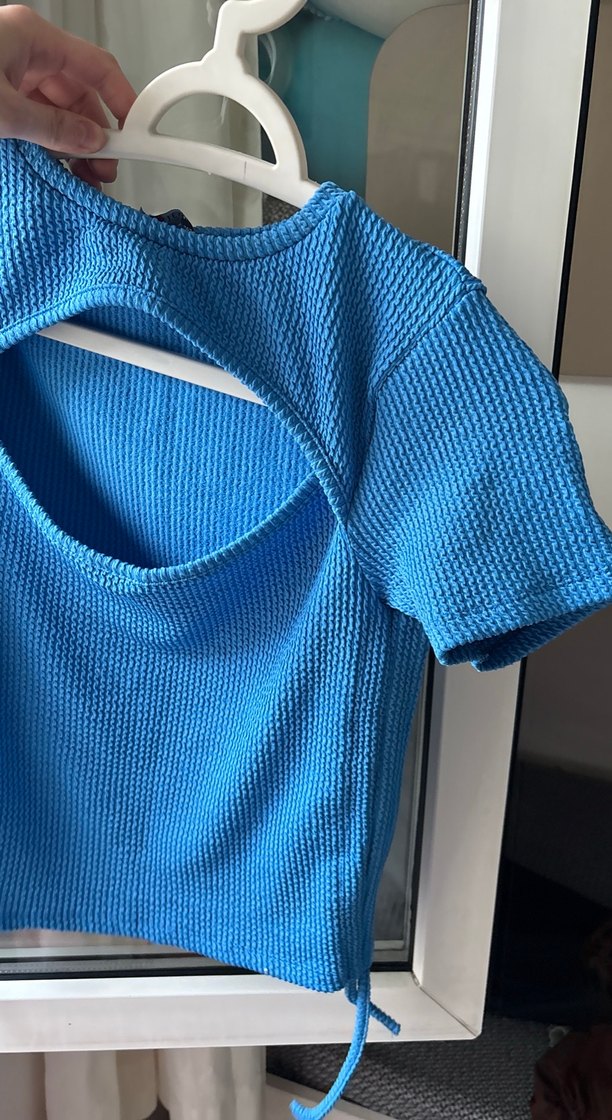 Koyu Mavi Örgü Kısa Kollu Hamile Tişörtü - Görsel 4