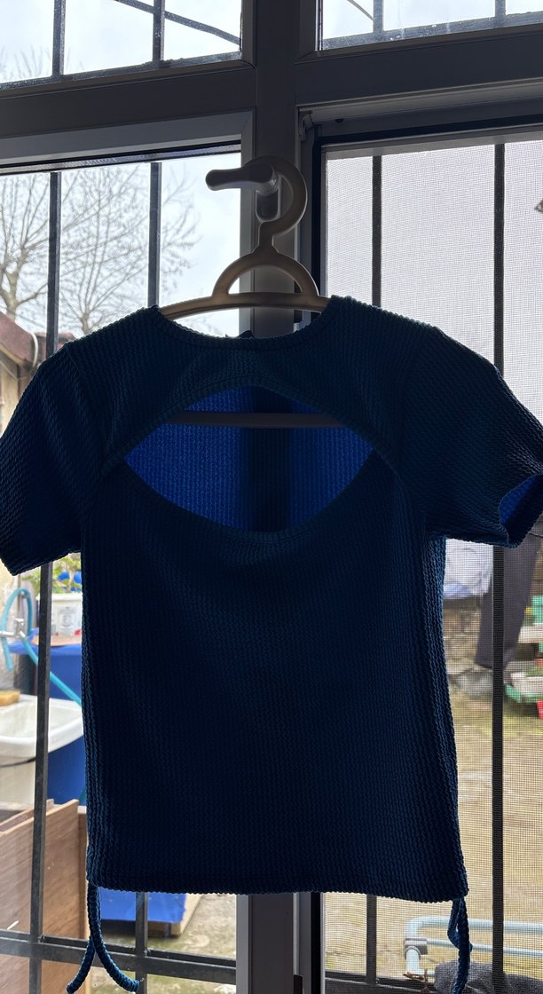 Koyu Mavi Örgü Kısa Kollu Hamile Tişörtü - Görsel 2