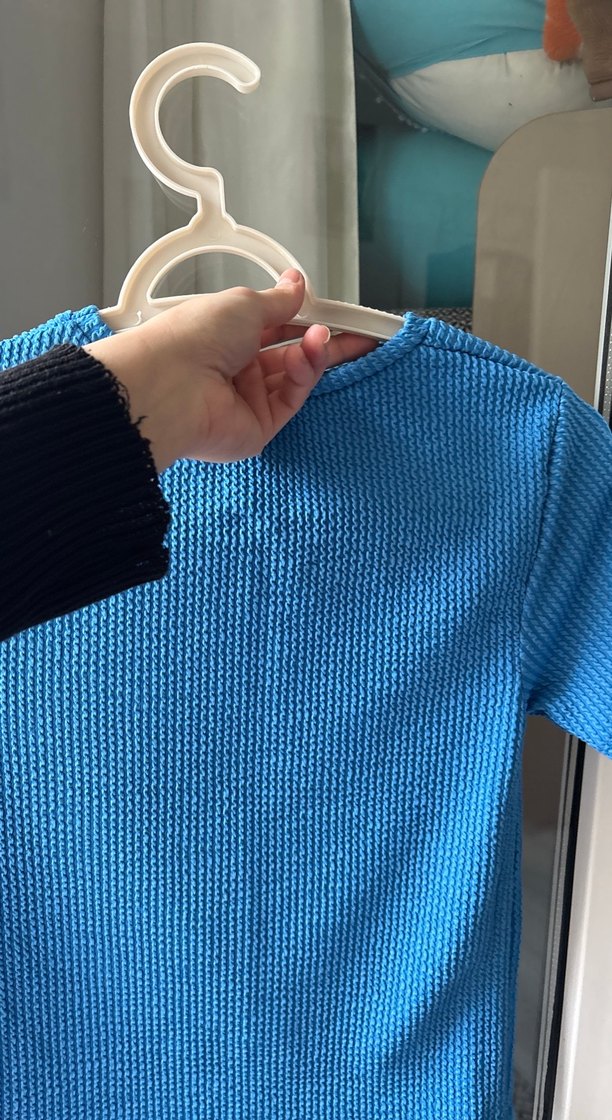 Koyu Mavi Örgü Kısa Kollu Hamile Tişörtü - Görsel 5