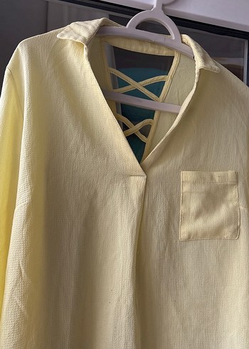 Sarı V Yaka Düğmeli Keten Kadın Gömlek - Görsel 8