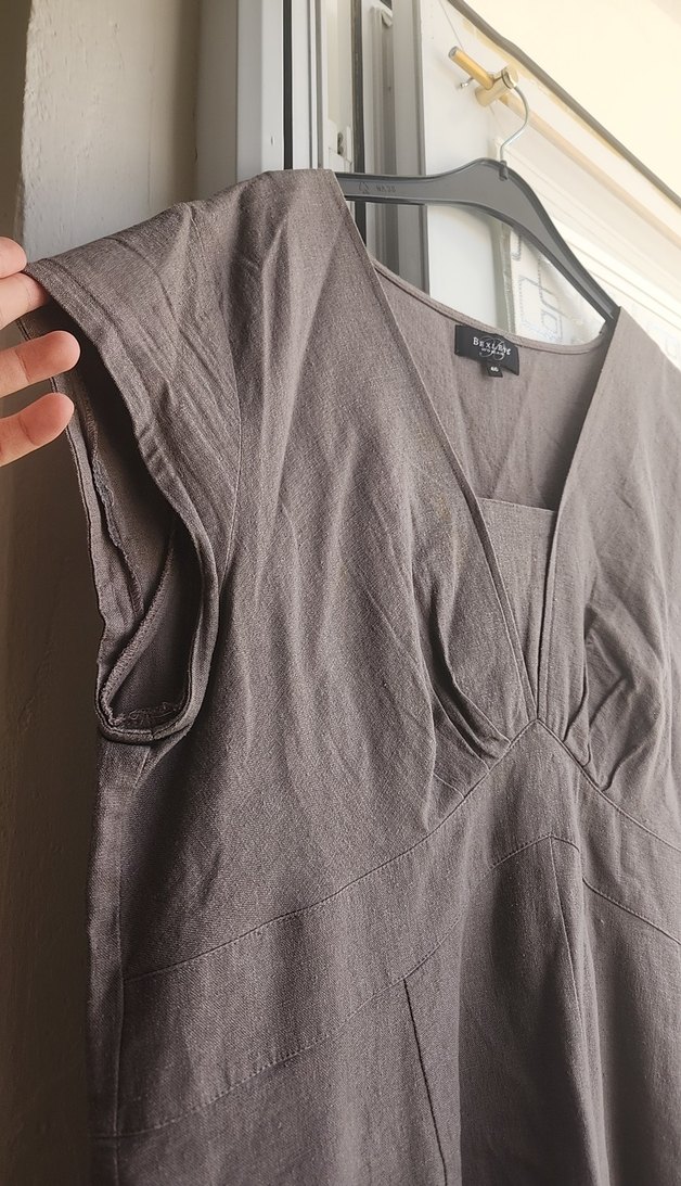 Bej Keten V Yaka Uzun  Elbise - Görsel 3