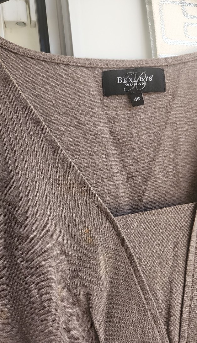 Bej Keten V Yaka Uzun  Elbise - Görsel 4