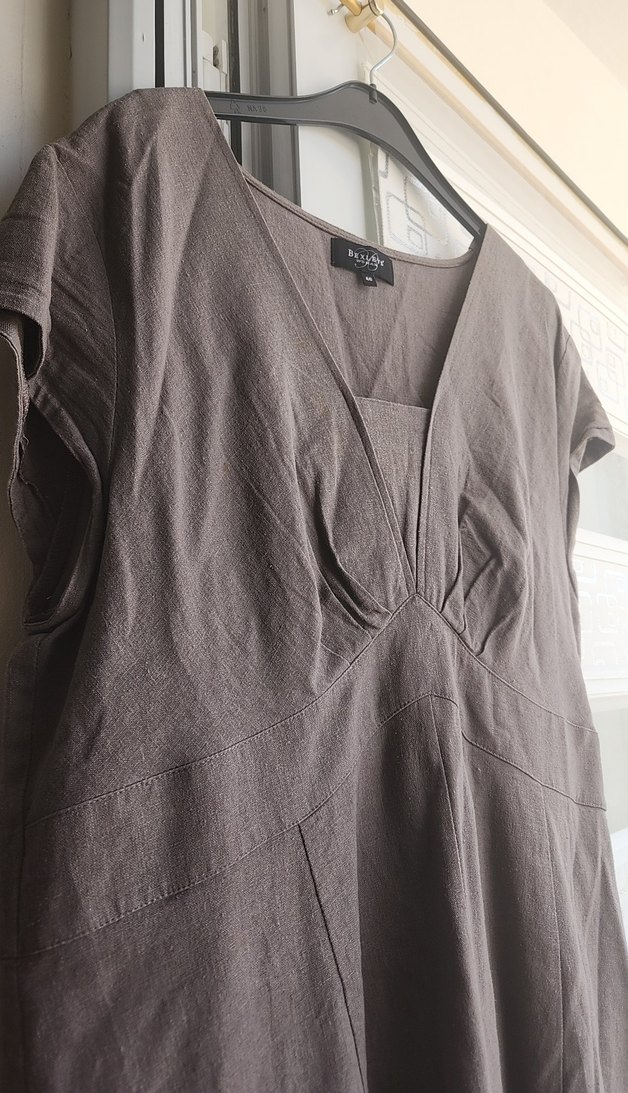 Bej Keten V Yaka Uzun  Elbise - Görsel 2